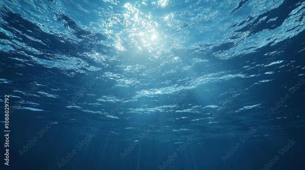 A large body of water under a cloudy blue sky with sun shining through the clouds over the water and the ocean below, with a bright blue sky and white clouds.