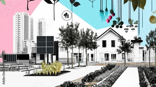 This image showcases a modern urban landscape with vibrant colors and geometric shapes, featuring buildings, plants, and various artistic elements.