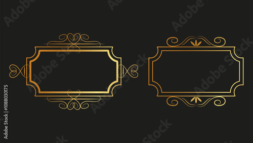 Vintage gold frames dark background swirls lines. Glamorous Postcard Design. For book covers, magazines, postcards, invitations, certificates, business cards. Vector illustration.
