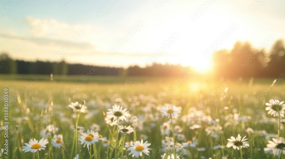 Obraz premium Bright daisies bloom in a sunlit meadow, basking in the warmth of a beautiful afternoon sky