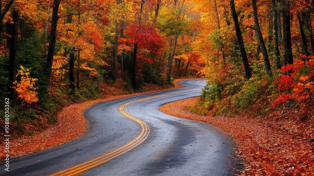 A winding road through a lush autumn forest, the fall foliage in vibrant hues adding a picturesque touch to the serene landscape. A winding road through a lush autumn forest, the fall foliage in vibrant hues adding a picturesque touch to the serene landscape.