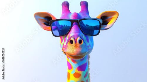 A giraffe wearing sunglasses on its head - Perfect for summer-themed designs

. photo