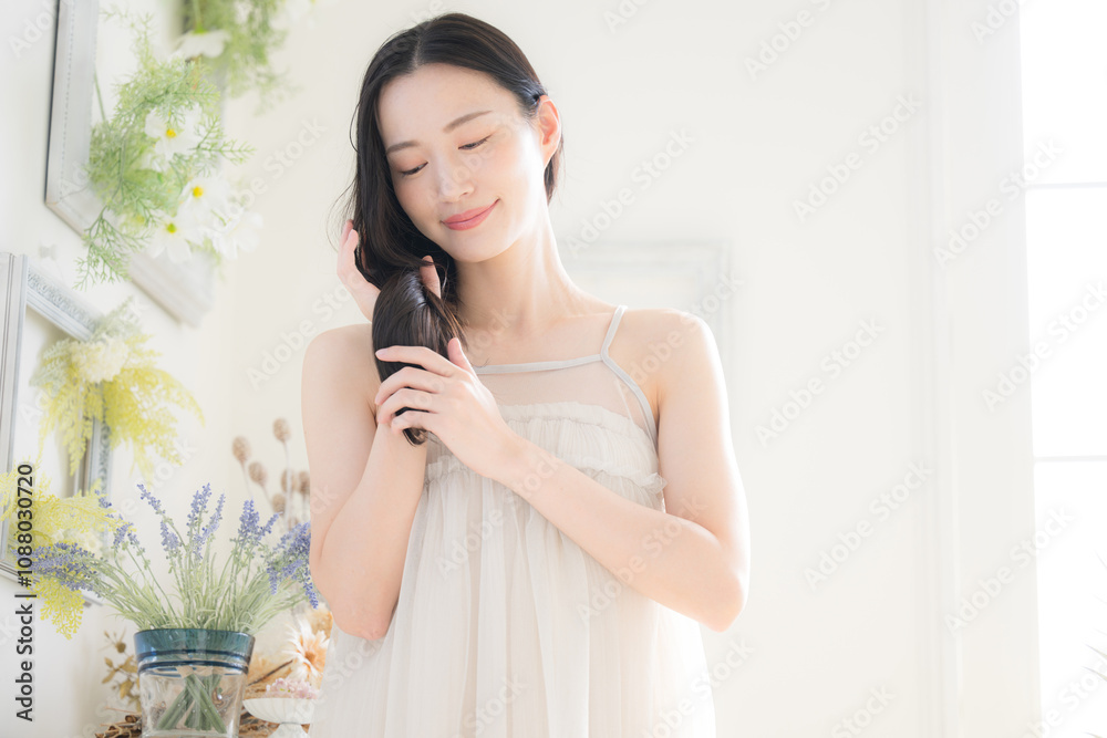 Botanical Image of Beauty Beauty of Young Women Long Hair Hair Care Close Your Eyes Botanical Image of Beauty Beauty of Young Women Long Hair Hair Care Close Your Eyes