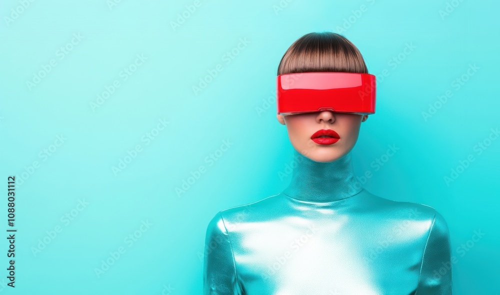 Stylized futuristic woman wearing a red visor and metallic suit, creating a bold sci-fi look against a bright turquoise background. Stylized futuristic woman wearing a red visor and metallic suit, creating a bold sci-fi look against a bright turquoise background.
