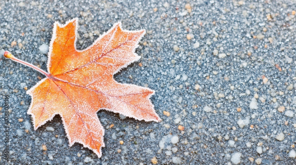 A vibrant orange maple leaf covered in frost lies on a frozen ground, capturing a tranquil winter moment in nature A vibrant orange maple leaf covered in frost lies on a frozen ground, capturing a tranquil winter moment in nature