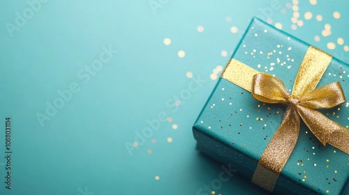 This attractive gift box adorned with a golden ribbon sits against a striking teal backdrop, making it an ideal present for any celebration