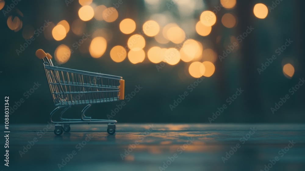 A shopping cart sits beside a laptop, reflecting the cozy ambiance of late-night online shopping A shopping cart sits beside a laptop, reflecting the cozy ambiance of late-night online shopping