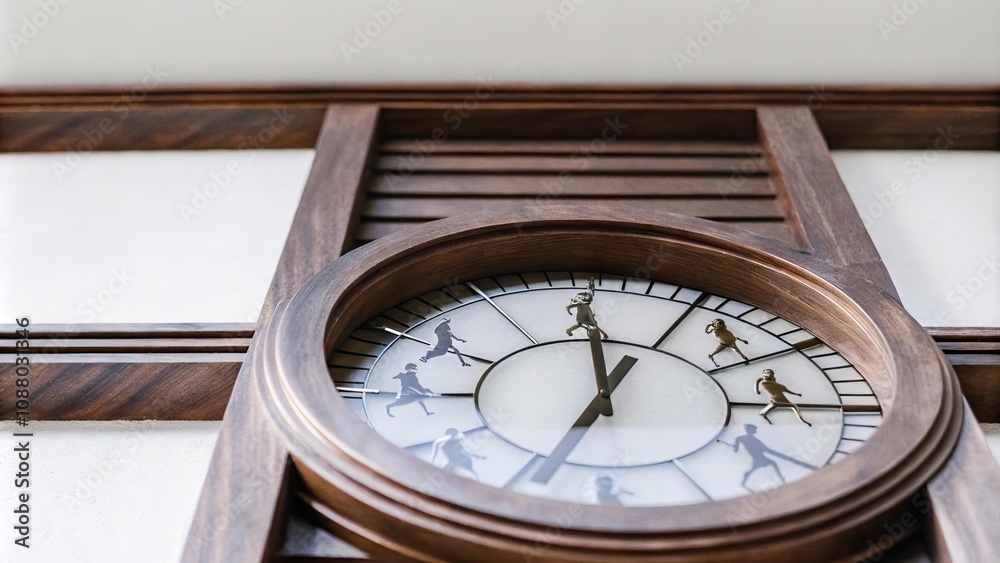 Fototapeta premium Conceptual wooden wall clock with running silhouettes illustrating time