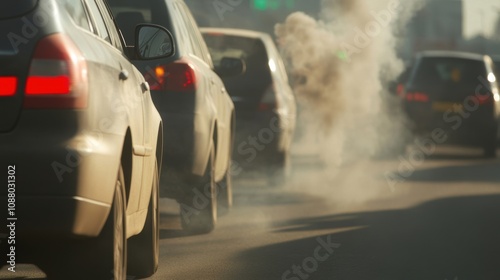 Vehicles are stuck in heavy traffic, releasing visible exhaust emissions, contributing to air pollution in a busy urban environment photo