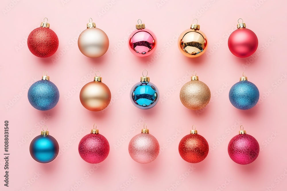 From above of decorative Christmas baubles arranged on pink background in studio for holiday celebration with generative ai From above of decorative Christmas baubles arranged on pink background in studio for holiday celebration with generative ai