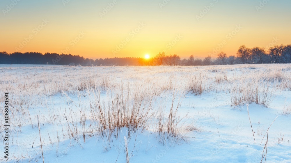 A stunning winter sunset illuminates a snowy meadow, creating a peaceful atmosphere with soft colors and silhouettes of trees A stunning winter sunset illuminates a snowy meadow, creating a peaceful atmosphere with soft colors and silhouettes of trees