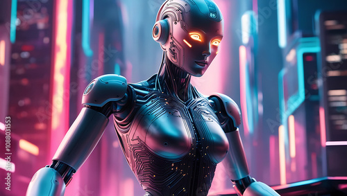 Futuristic android stands in a vibrant cityscape illuminated by neon lights at night