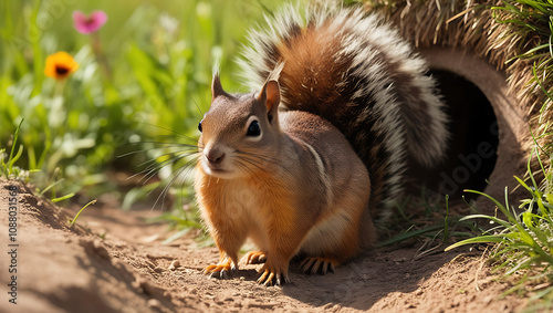 Squirrel exploring a burrow in a sunny meadow during springtime
