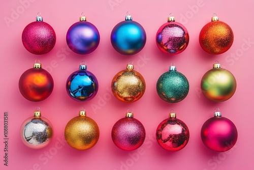 From above of decorative Christmas baubles arranged on pink background in studio for holiday celebration with generative ai