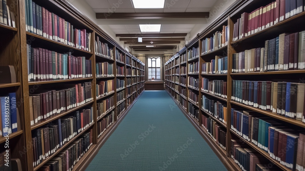 A large library with many bookshelves filled with various colored and sized books A large library with many bookshelves filled with various colored and sized books