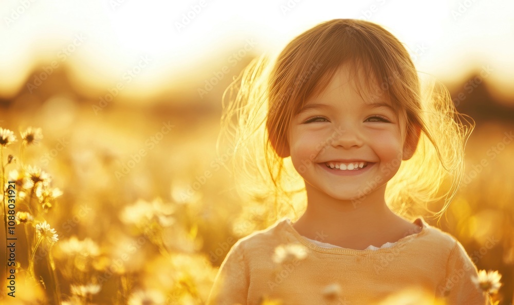 Fototapeta premium A young girl with a joyful smile revels in a vibrant wildflower field, basking in the golden light of sunset while enjoying nature