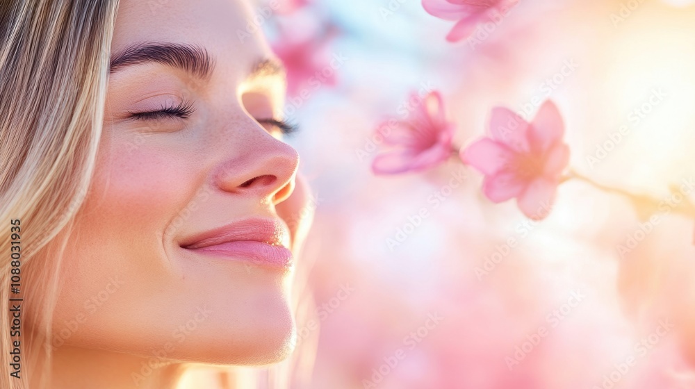 A woman with a joyful expression feels the warmth of spring while surrounded by vibrant flowers in a peaceful park setting A woman with a joyful expression feels the warmth of spring while surrounded by vibrant flowers in a peaceful park setting