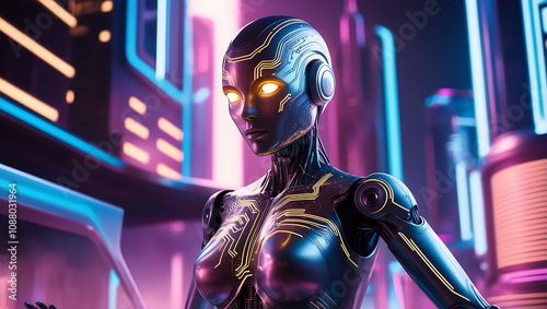 Futuristic android stands in a vibrant cityscape illuminated by neon lights at night