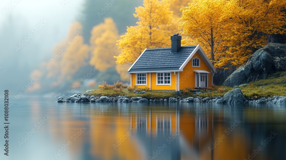 A serene yellow house by a calm lake surrounded by autumn trees. A serene yellow house by a calm lake surrounded by autumn trees.