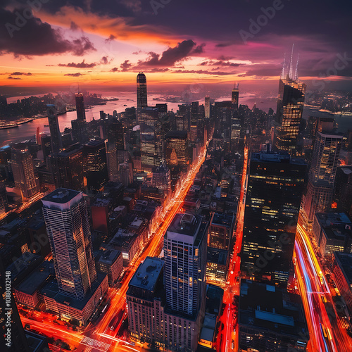 a beautiful view of the city in the evening with the Skyline glowing as dusk falls, illuminating the architecture of the city's buildings with warm hues.