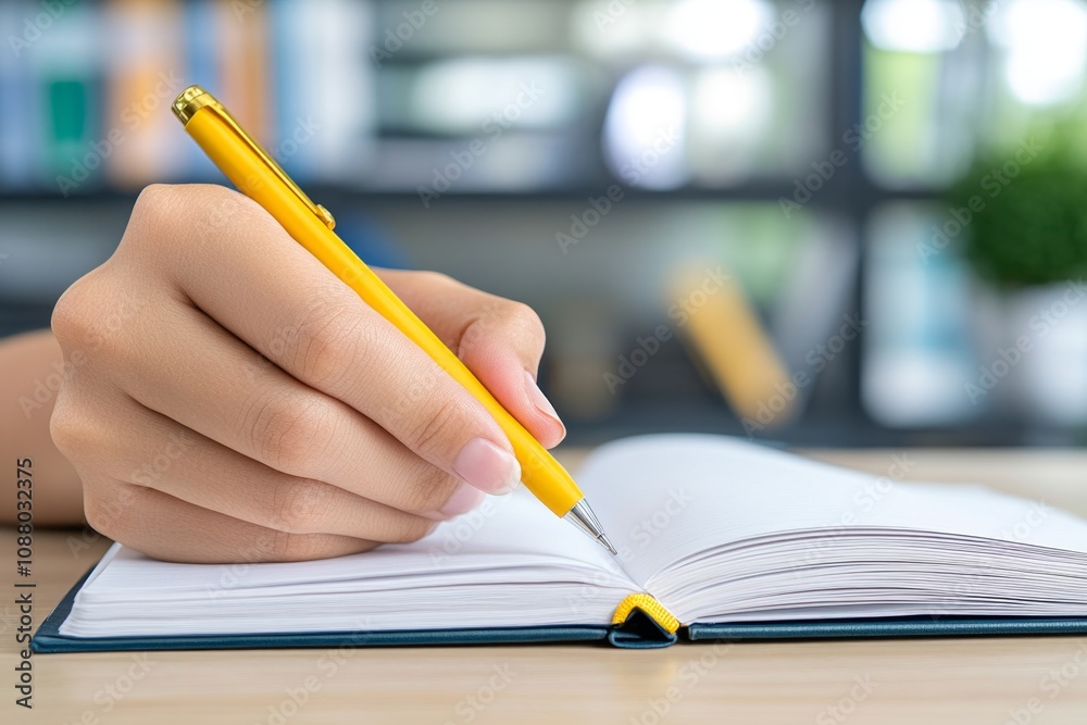 A close-up of an adult hand taking notes in a notebook during a professional workshop A close-up of an adult hand taking notes in a notebook during a professional workshop