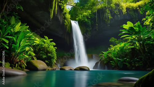 in the forest there is a majestic waterfall flowing surrounded by lush greenery in a vibrant forest landscape