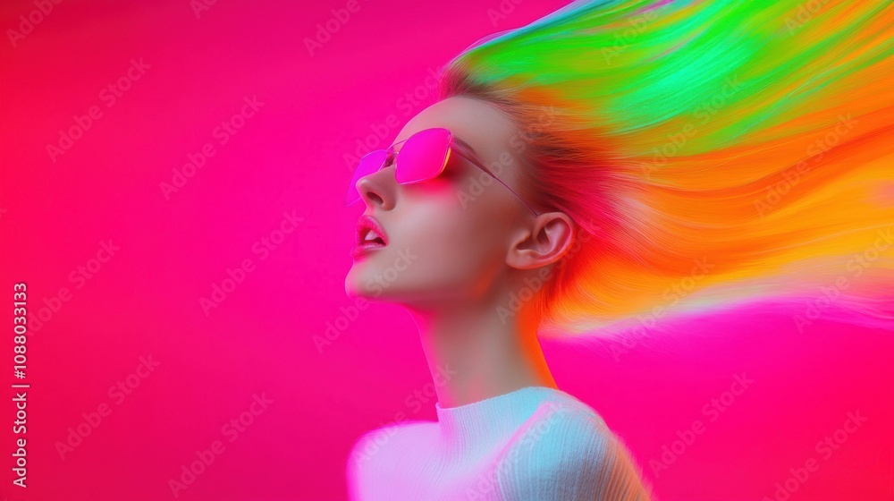 Stylish woman with neon-colored hair and pink sunglasses on a bold, bright background, embodying futuristic and creative fashion. Stylish woman with neon-colored hair and pink sunglasses on a bold, bright background, embodying futuristic and creative fashion.