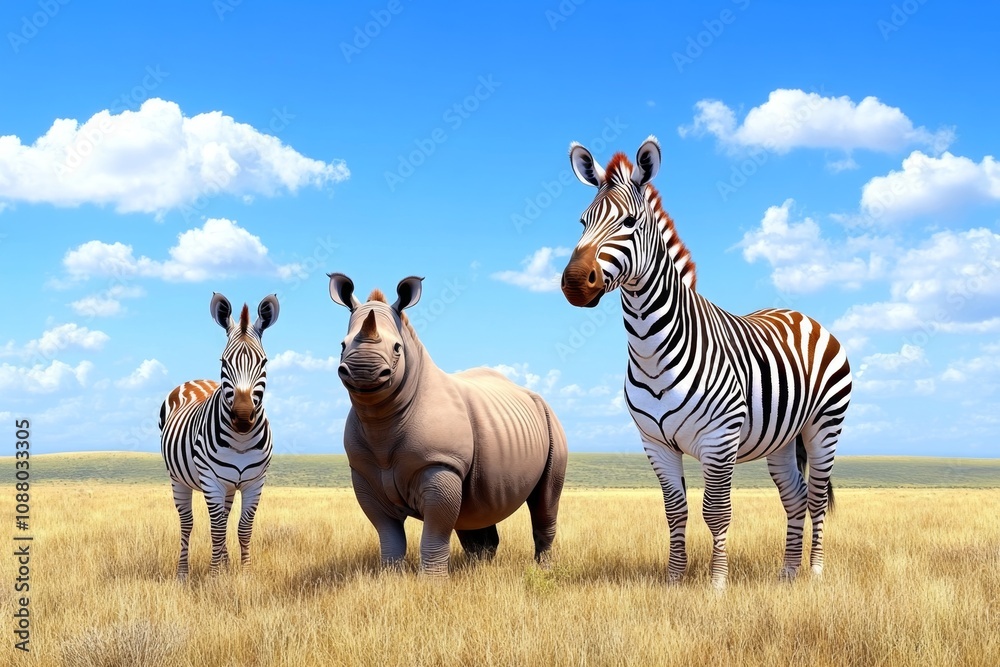 Obraz premium A dynamic 3D illustration of South African wildlife, including rhinos, giraffes, and zebras, roaming across a vibrant savanna