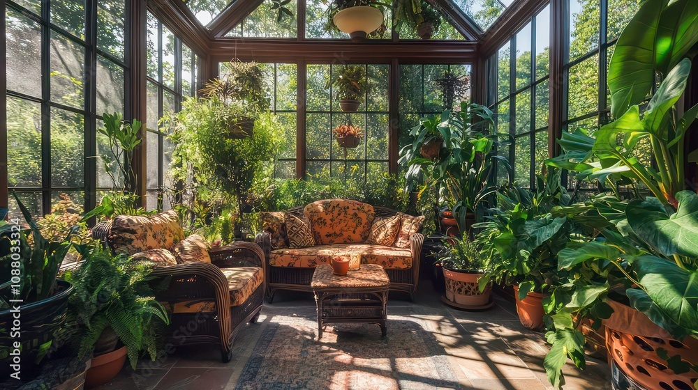 A sunroom filled with plants and furniture, with sunlight streaming through the windows.