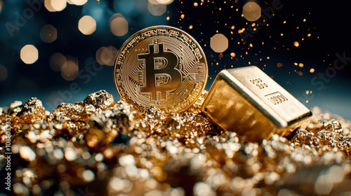 Bitcoin coin floating over pile of gold bars and nuggets, symbolizing wealth and investment. shimmering gold contrasts with digital currency, highlighting modern finance