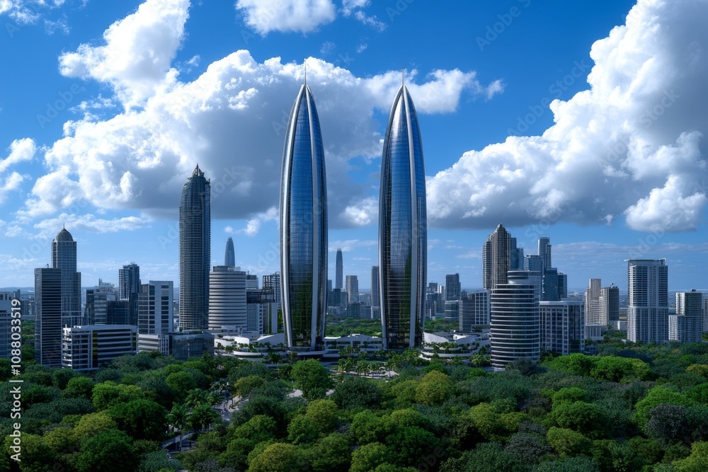 Obraz premium A futuristic African city with eco-friendly skyscrapers and vibrant cultural architecture seamlessly blending modern technology and tradition