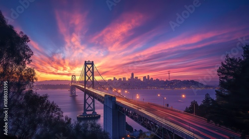 A stunning sunrise over the city skyline with a bridge in the foreground.