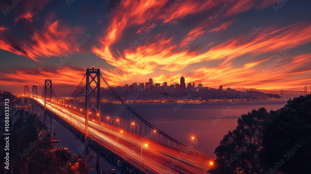 A long exposure shot of the Bay Bridge in San Francisco at sunrise with a vibrant, fiery sky. A long exposure shot of the Bay Bridge in San Francisco at sunrise with a vibrant, fiery sky.