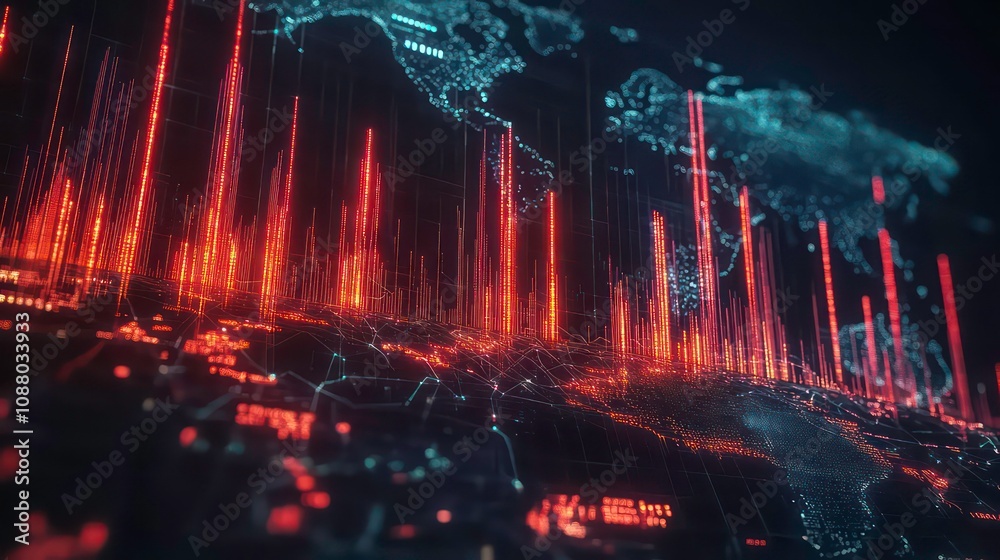 Naklejka premium A stylized, futuristic depiction of the world with digital data streams connecting continents and continents, with emphasis on North America.