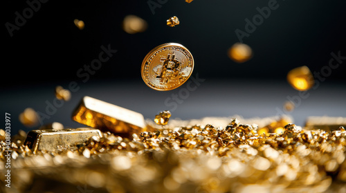 Bitcoin coin floating over pile of gold bars and nuggets, symbolizing wealth and investment. image captures contrast between digital and physical currency