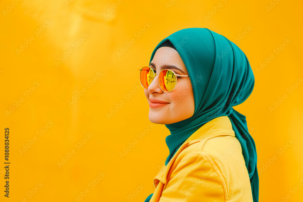 modern colorful stylish outfit photoshoot of a muslim hijab woman in dynamic shot happy and positive for modest trendy arab women fashion as wide banner with copysapce area modern colorful stylish outfit photoshoot of a muslim hijab woman in dynamic shot happy and positive for modest trendy arab women fashion as wide banner with copysapce area