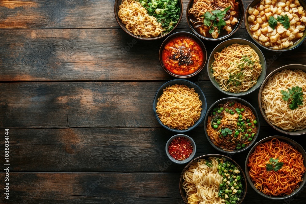 noodle dish variety, an array of noodle dishes displayed on a weathered wooden table with room for more text noodle dish variety, an array of noodle dishes displayed on a weathered wooden table with room for more text
