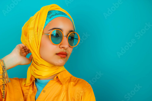 modern colorful stylish outfit photoshoot of a muslim hijab woman in dynamic shot happy and positive for modest trendy arab women fashion as wide banner with copysapce area