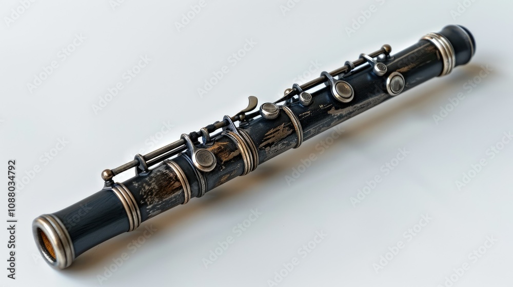 Naklejka premium Black wooden flute with silver keys on white background.