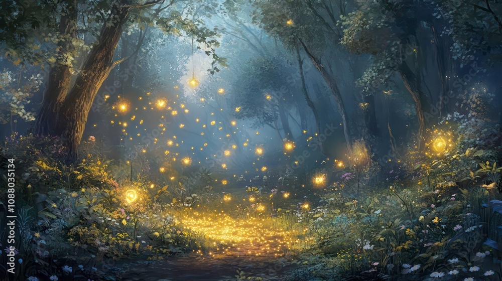 A magical forest path illuminated by fireflies at night. A magical forest path illuminated by fireflies at night.