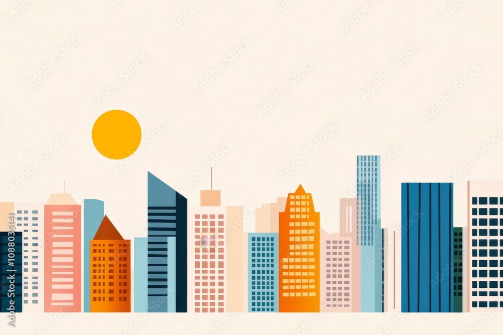 Fototapeta premium A retro-style architectural poster featuring abstract building silhouettes and muted colors