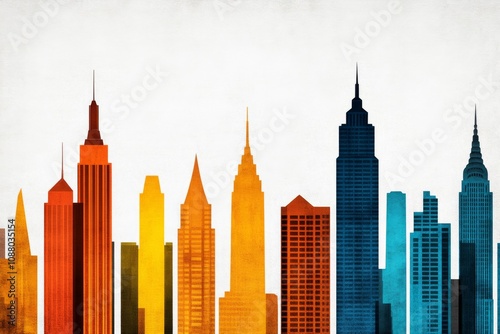 A retro-style architectural poster featuring abstract building silhouettes and muted colors
