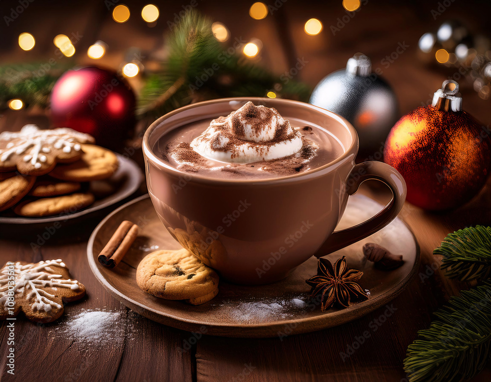 A steaming mug of hot chocolate topped with marshmallows, surrounded by gingerbread cookies and festive decorations A steaming mug of hot chocolate topped with marshmallows, surrounded by gingerbread cookies and festive decorations