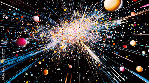 Pixel art concept of creation of universe with exploding pixels and colours