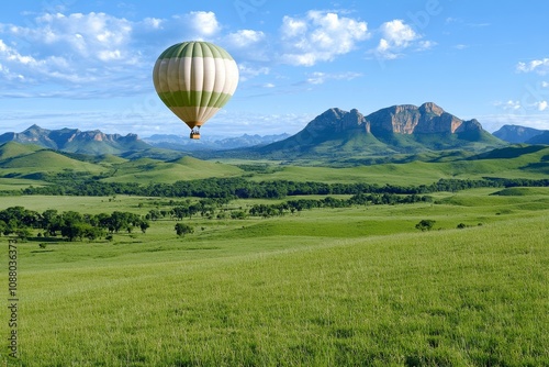 A tranquil scene of a hot air balloon drifting over the Drakensberg Mountains