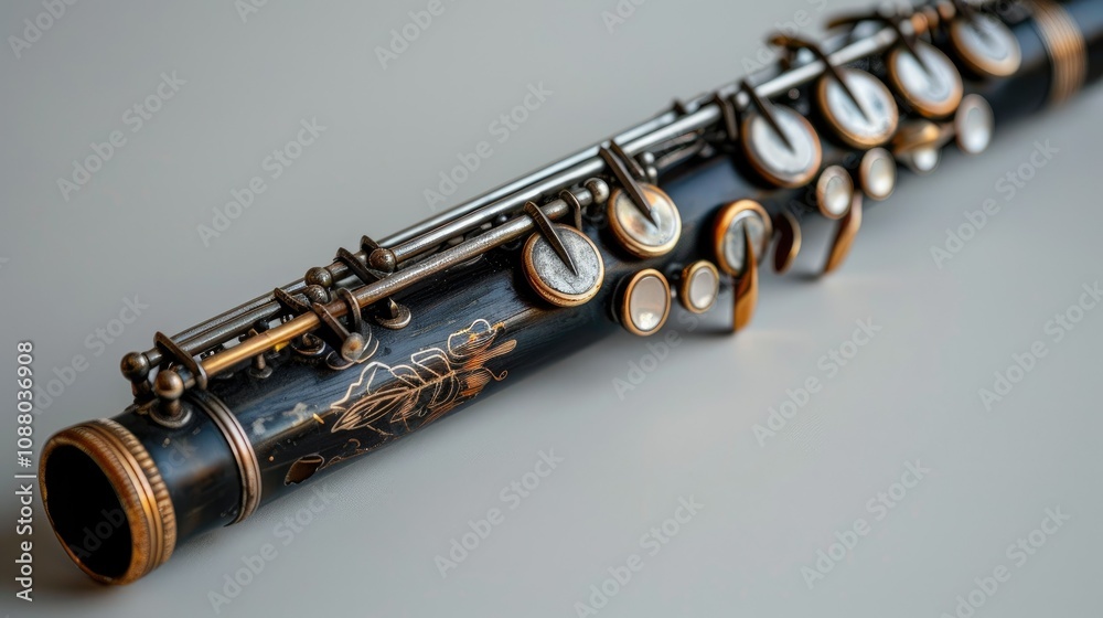 Naklejka premium Close-up of a vintage black clarinet with gold accents and intricate detailing lying on a neutral background.