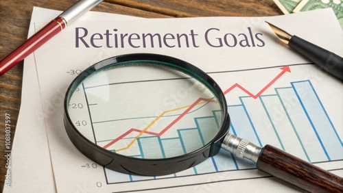 Magnifying Glass on Retirement Goals A magnifying glass focusing on a chart titled Retirement Goals emphasizing the importance of planning taxdeferred savings. photo