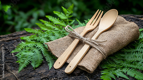 Bamboo cutlery set arranged on fern leaves, promoting zero waste and eco friendly dining. Perfect for sustainable living and outdoor picnics photo