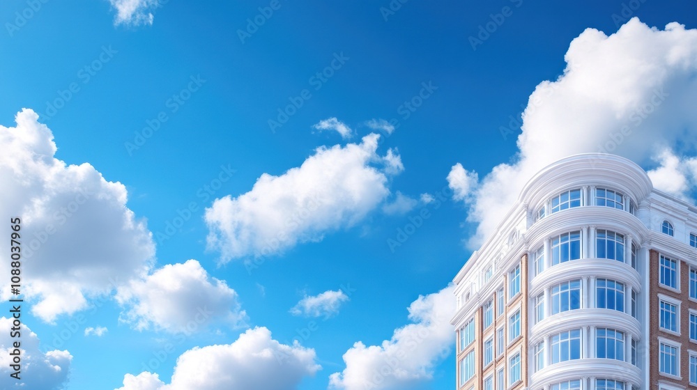 A modern building under a blue sky with fluffy white clouds. A modern building under a blue sky with fluffy white clouds.