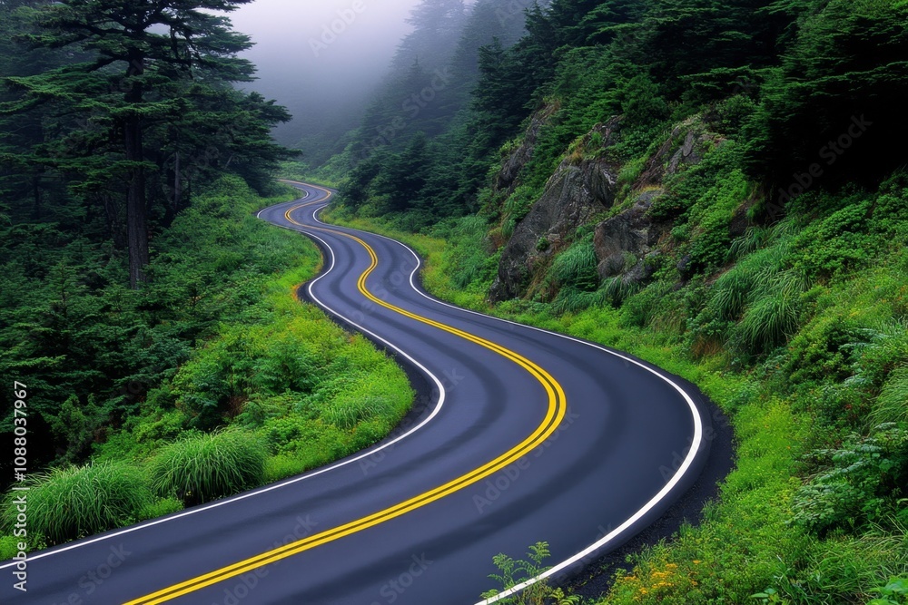 Aerial view of a winding highway through a dense pine forest, with mist hovering over the treetops Aerial view of a winding highway through a dense pine forest, with mist hovering over the treetops